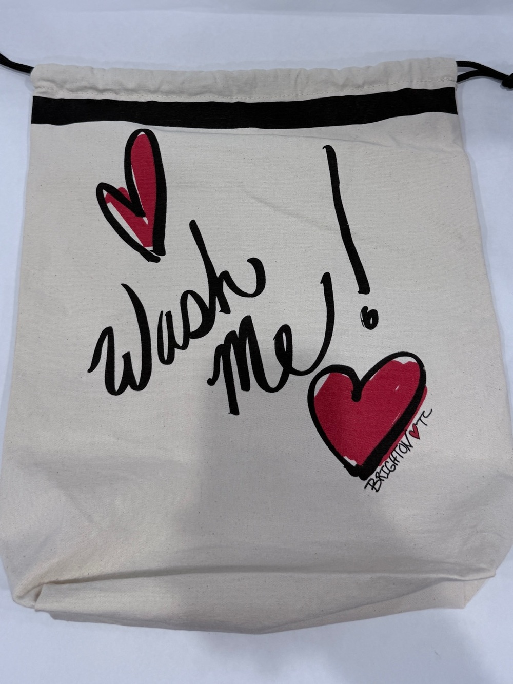 Brighton Cream Cotton Drawstring Bag with Red Heart Accents